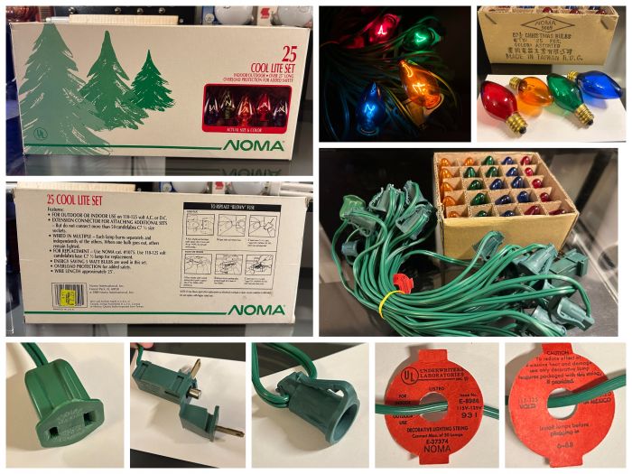 Vintage 1988 NOMA 25-Light C7 Cool Lite Set
Here's a wonderful older C7 Christmas light set. I ordered it on eBay around a month ago to use in my Christmas decorating this year and in years to come. It is brand new in the box. This is a set of cool-burning transparent C7s, comparable to GE's Cool-Bright line. It includes multicolor bulbs, which are in the colors red, orange, green, and blue, In unequal proportions of course. The fused plug is kind of a weird early design, it opens from the side and the fuse just pulls straight out of it. The included bulbs are very nice quality. They seem to be of a decent pointed shape, the colors are vivid, and they even have brass bases which is the last thing I would have expected. I plan to use this set on my Christmas tree this year, and I think it will look wonderful. The cool burning bulbs will ensure the tree doesn't melt.
Keywords: noma vintage 1980s 1980 1988 1989 1990 c7 c-7 7 c cone conical transparent see-through red amber orange yellow green blue multi multicolor color 25 twenty-five set christmas holiday festive decorative outfit strand antique