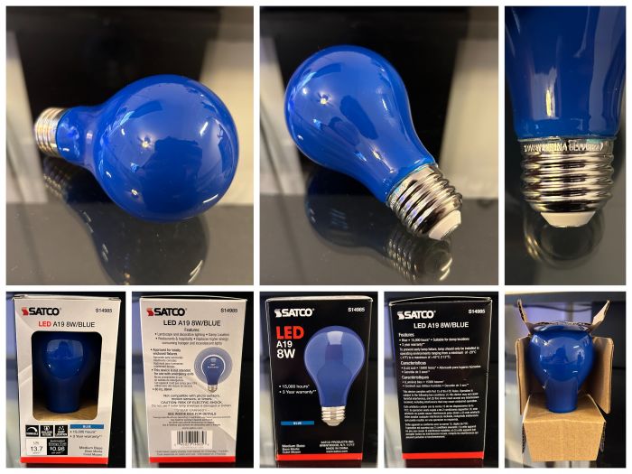 Satco Filastick 8W Blue LED Bulb - Incandescent-Like Color!
Here is a Satco colored LED bulb. It is a filament stick style bulb. It has a blue opaque coating, but surprisingly it is not over blue LED filasticks. The LED filasticks inside are warm white, so the result is a very incandescent-like LED colored bulb. The A19 bulb consumes eight watts and replaces a 60W incandescent bulb. It is dimmable and rated for enclosed fixtures and damp locations. It claims to last for 15,000 hours, but only time will tell how true that is.

Here is the bulb lit: https://www.galleryoflights.org/mb/gallery/displayimage.php?album=lastup&cat=0&pid=27487#top_display_media
Keywords: satco led light emitting diode a19 8 watts 120 volts colored color party decorative blue