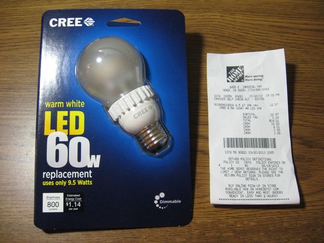 Cree LED warm white 60 watt equivelent
Cree's entry into the consumer lighting market, a 60 watt incandescent equivalent LED A-19 replacement.  
Keywords: Lamps