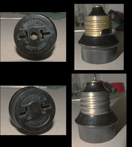 Hubbell Socket to Outlet Adapters
Vintage heavy duty Hubbell socket to  T - slot 2 prong outlet adapter , possibly manufactured in the 1930's to 1950's.
Keywords: Miscellaneous
