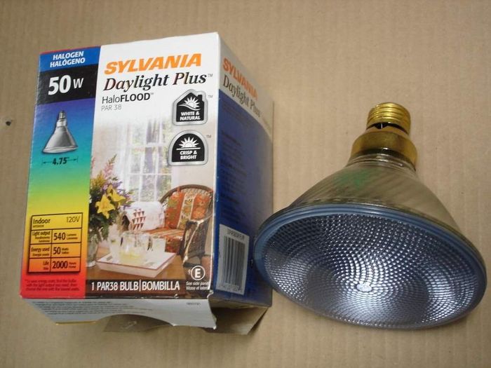 Sylvania HaloFLOOD
Here's a Sylvania Daylight Plus halogen flood lamp.
Voltage:120V
Lumens: 540
Lamp life: 2000 hours
Filament: CC-8 Axial
Lamp shape: PAR 38
Made in: USA

Keywords: Lamps