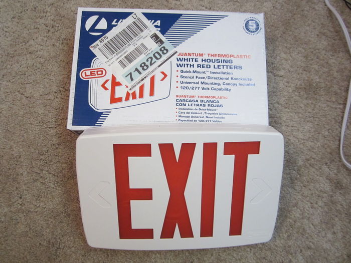 Lithonia LED Exit Sign
Here is a Lithonia LED exit sign. I have wanted a exit sign for a while so i finally decided to buy one. It was about $50 at Home Depot. Kind of expensive since it's 98% plastic.
Keywords: Misc_Fixtures